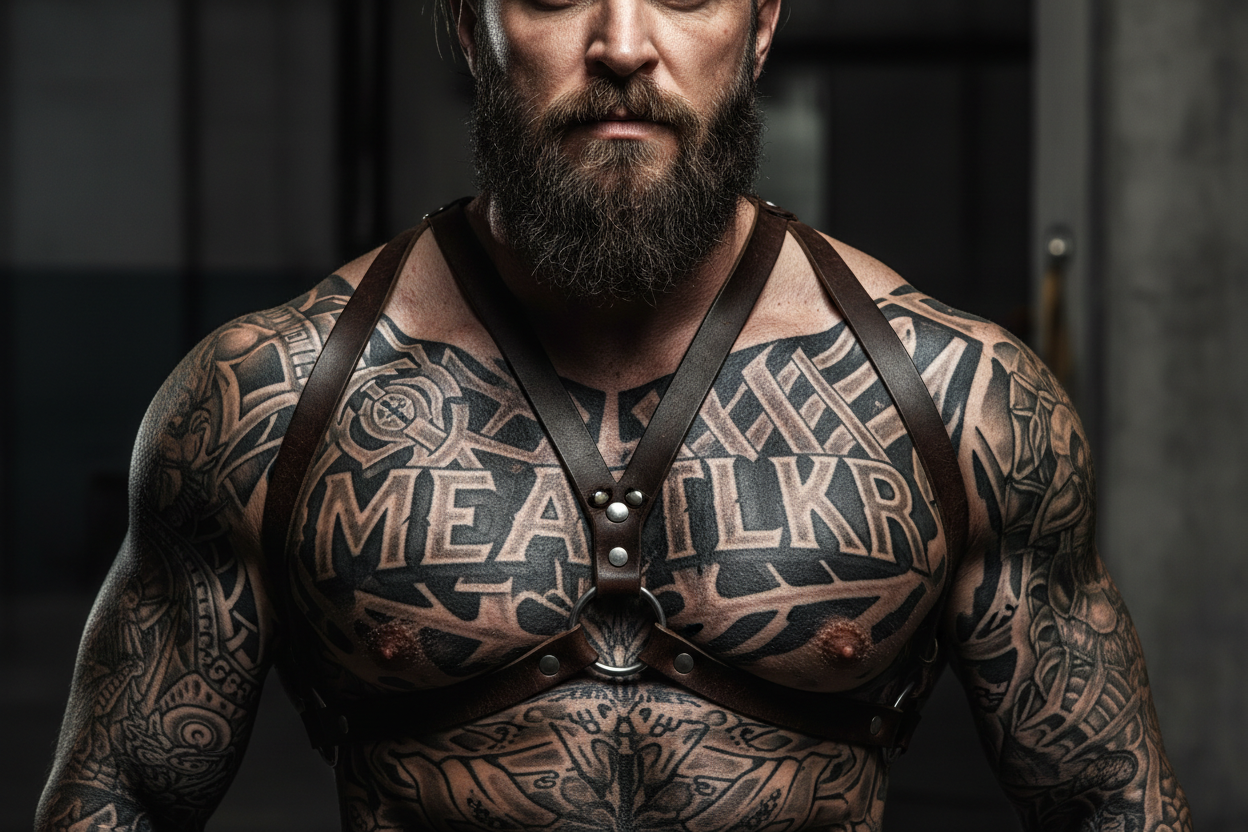hot shirtless rugged guy with a harness on with tattoos. make one of the tattoos say MEATLKR